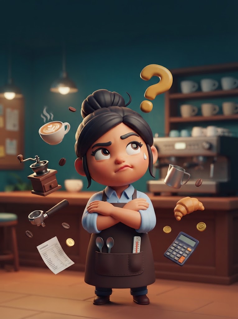 Barista animada con los brazos cruzados y un signo de interrogación sobre su cabeza, pensando en sus costos