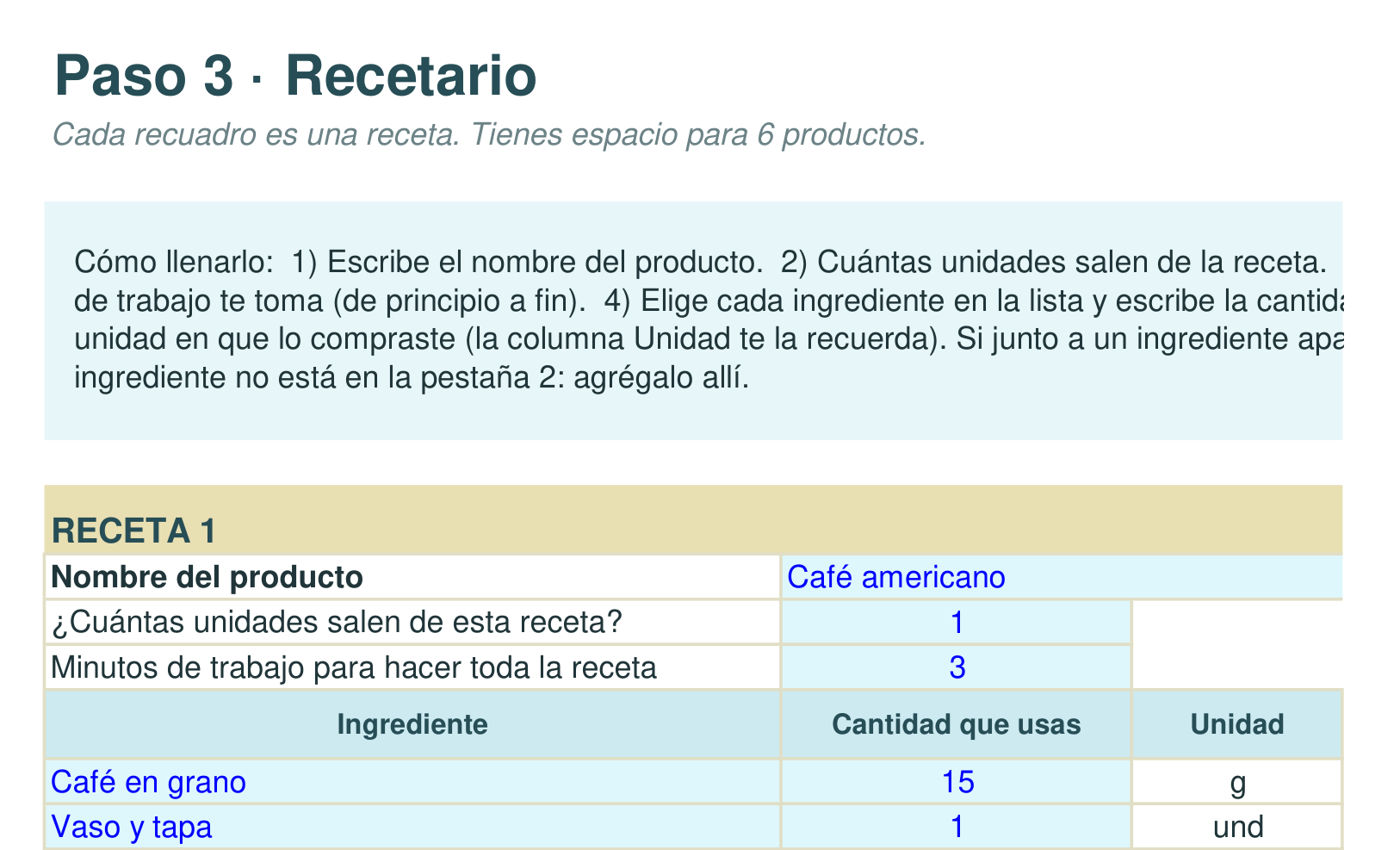 Adelanto parcial del recetario de la plantilla, con un recuadro por producto